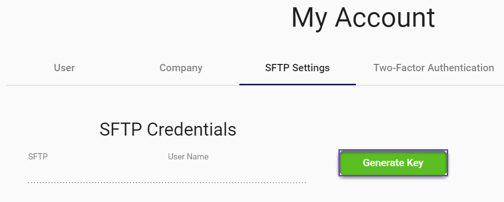 The Generate Key button highlighted on the SFTP Settings tab of the My Account page